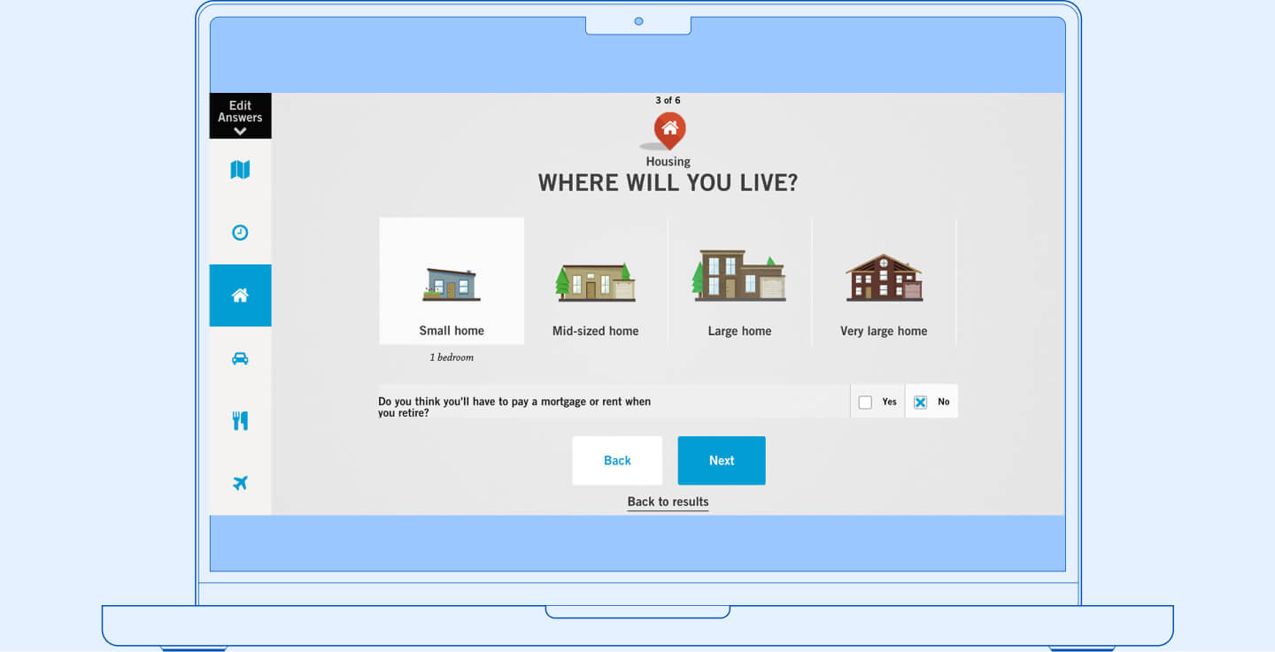Sample Question Screen of Prudential’s web tool “Map My Retirement”, with question “how often will you travel?”
