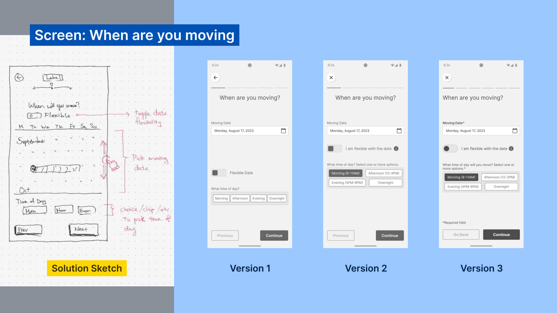 Solution sketch and wireframe of Questionnaire part 1, When are you moving