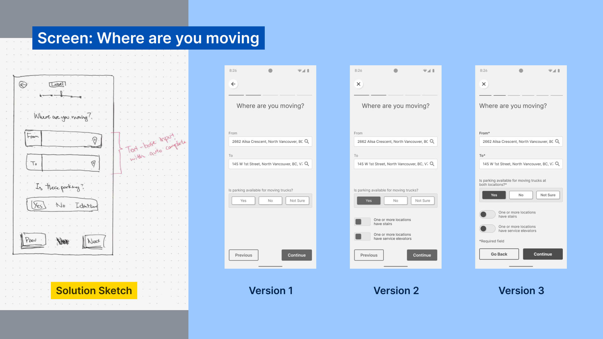 Solution sketch and wireframe of Questionnaire part 2, Where are you moving