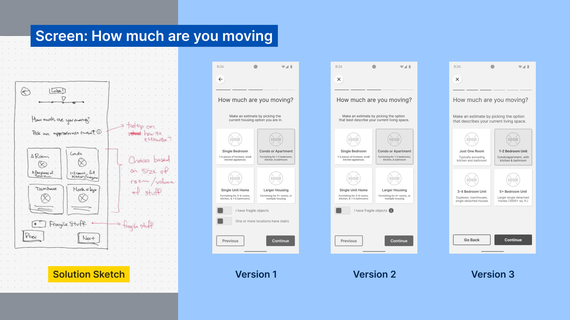 Solution sketch and wireframe of Questionnaire part 3, how much are you moving