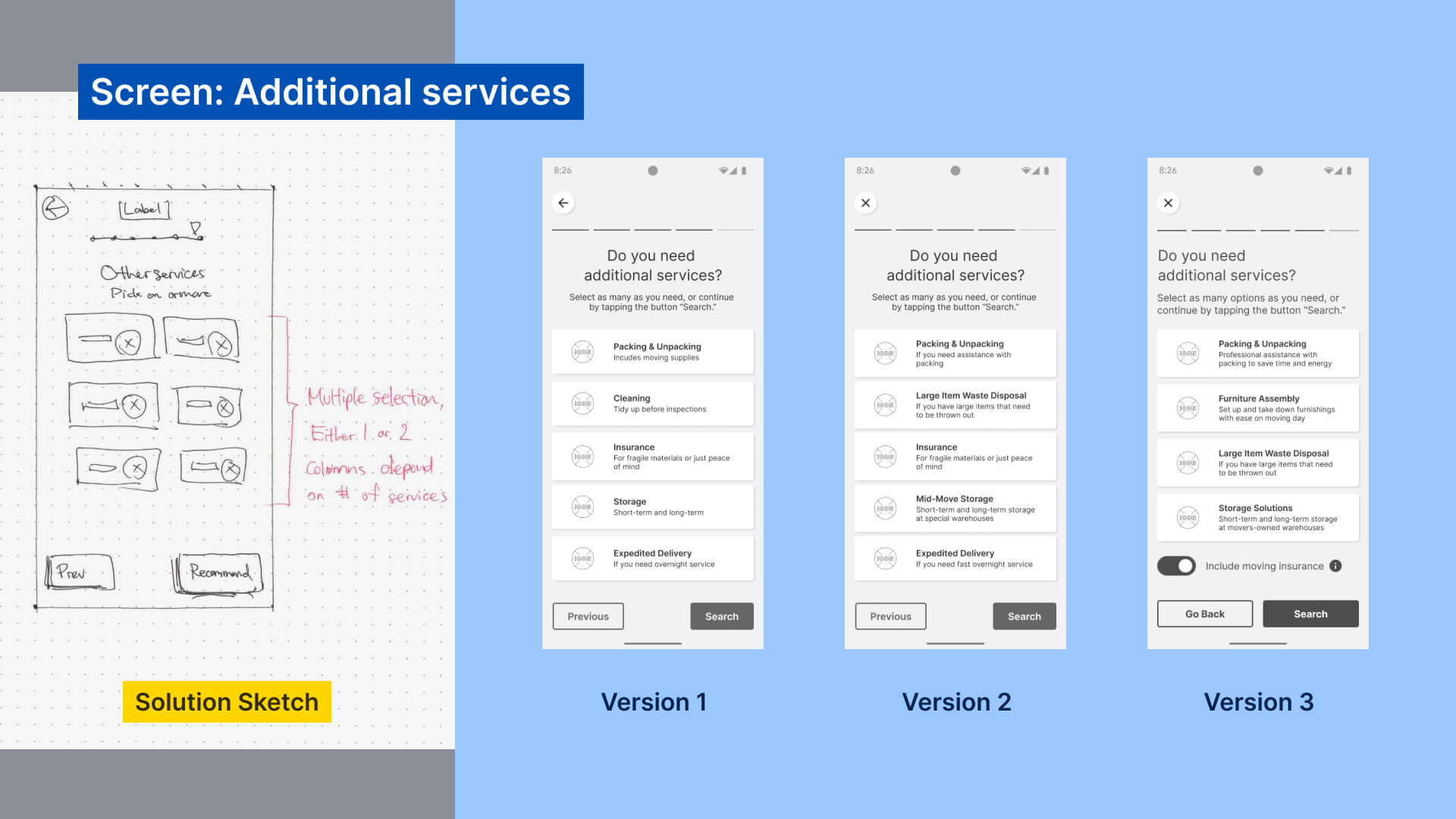 Solution sketch and wireframe of Questionnaire part 4, additional services