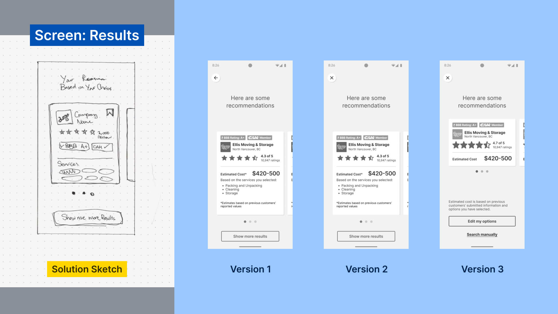 Solution sketch and wireframe of Questionnaire search results