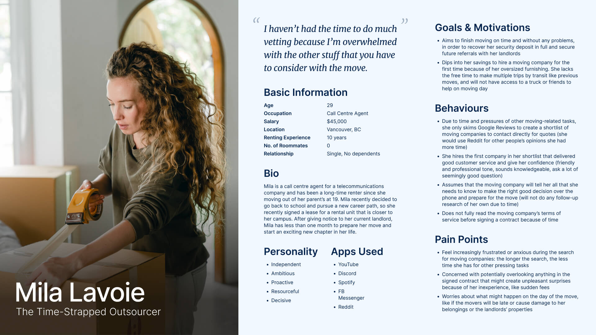 User Persona for the QuickMove solution