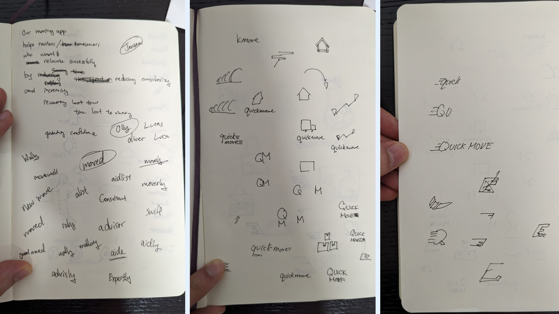 Hand sketches of app name and logo exploration